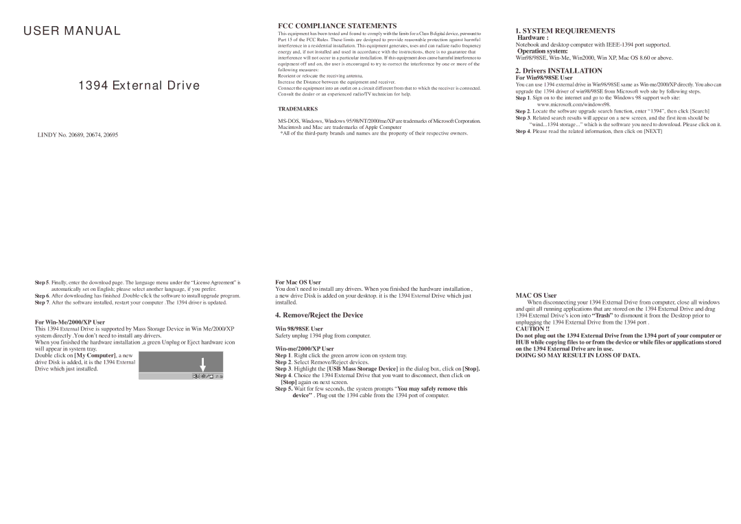 Lindy 20689 user manual FCC Compliance Statements, Remove/Reject the Device, System Requirements, Drivers Installation 