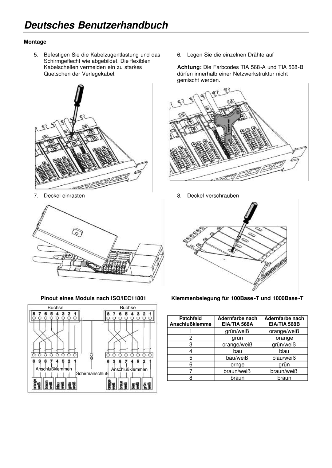 Lindy 20703, 20704 manual Montage, Pinout eines Moduls nach ISO/IEC11801 