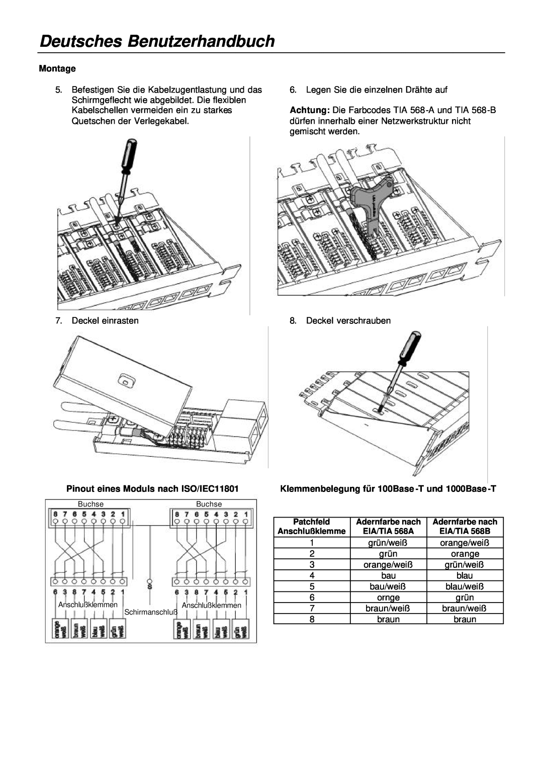 Lindy 20703, 20704 manual Deutsches Benutzerhandbuch, Montage, Pinout eines Moduls nach ISO/IEC11801 