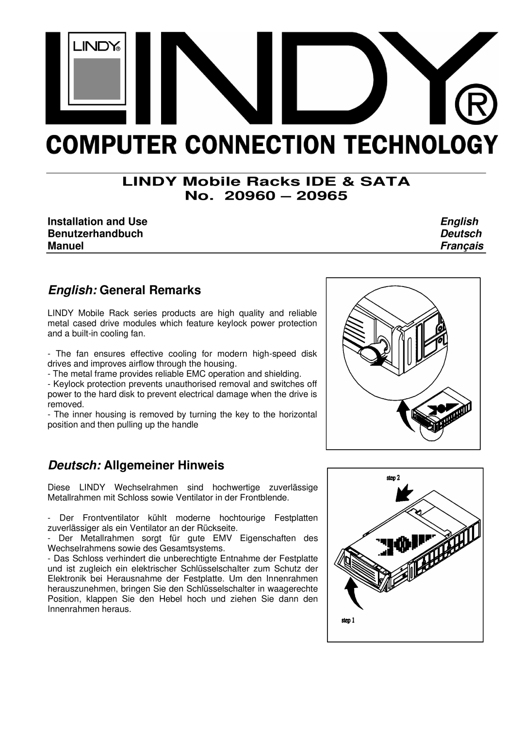 Lindy 20960, 20965 manual Lindy Mobile Racks IDE & Sata, English General Remarks, Deutsch Allgemeiner Hinweis 