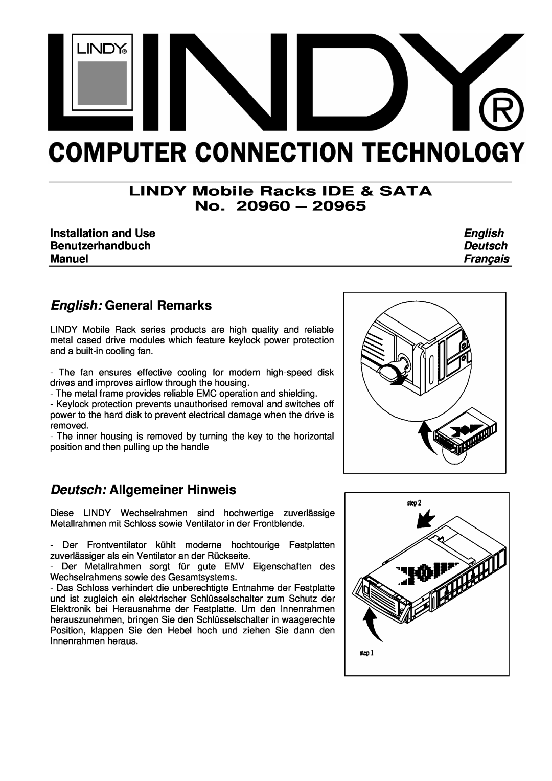 Lindy manual LINDY Mobile Racks IDE & SATA No. 20960, English General Remarks, Deutsch Allgemeiner Hinweis, Manuel 