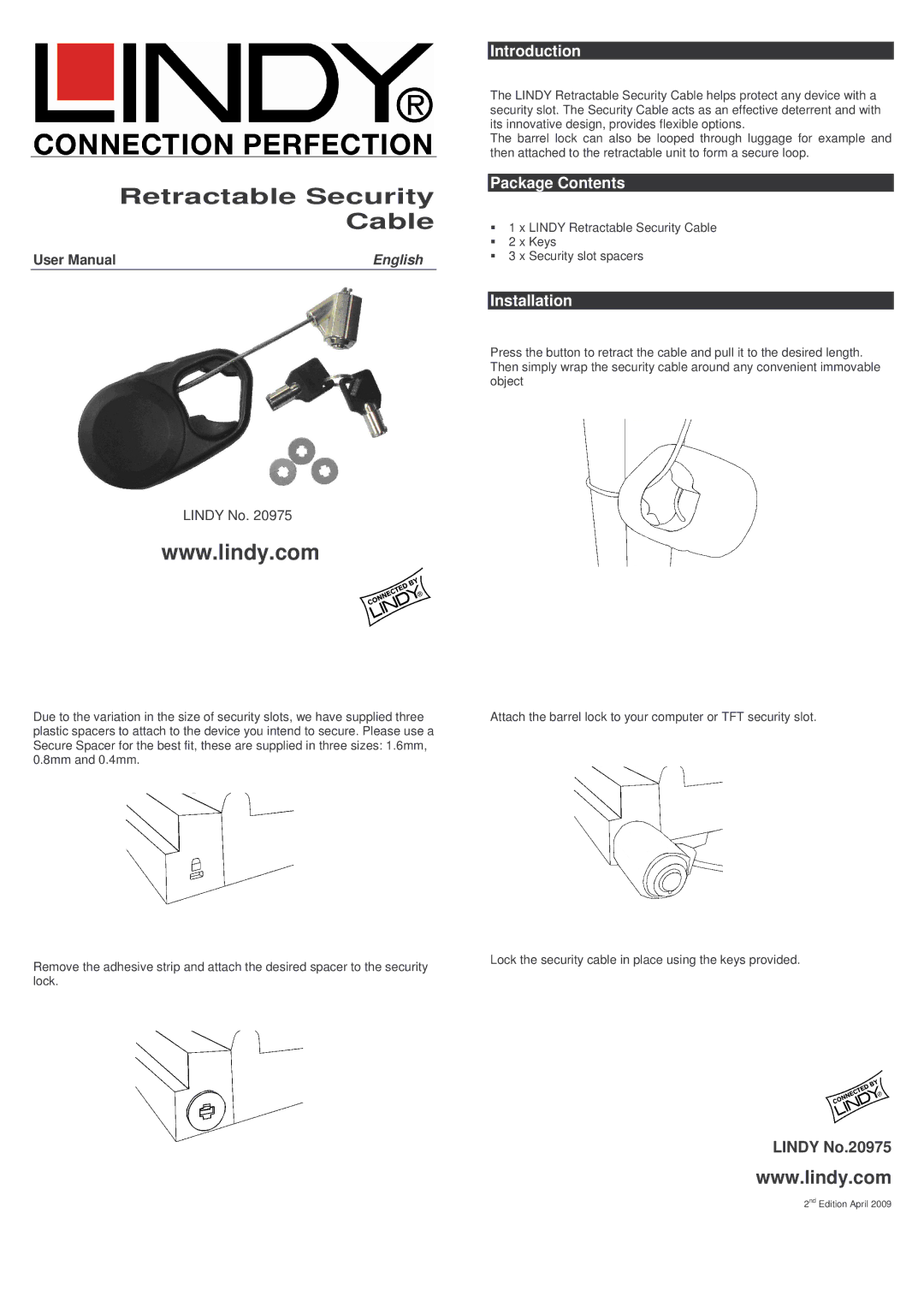 Lindy 20975 user manual Retractable Security Cable, Introduction, Package Contents, Installation 