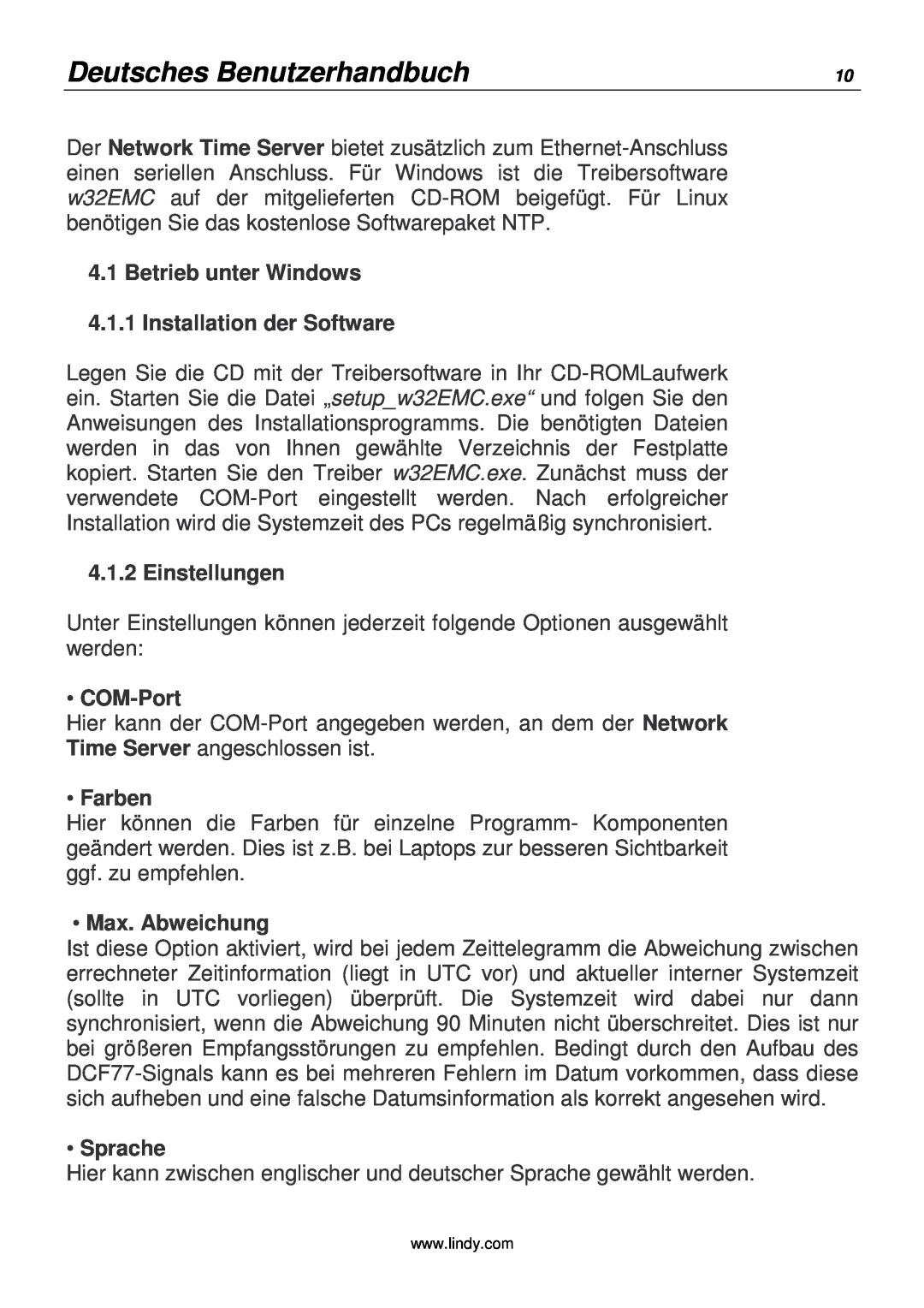 Lindy 20988 manual Deutsches Benutzerhandbuch, Einstellungen, COM-Port, Farben, Max. Abweichung, Sprache 