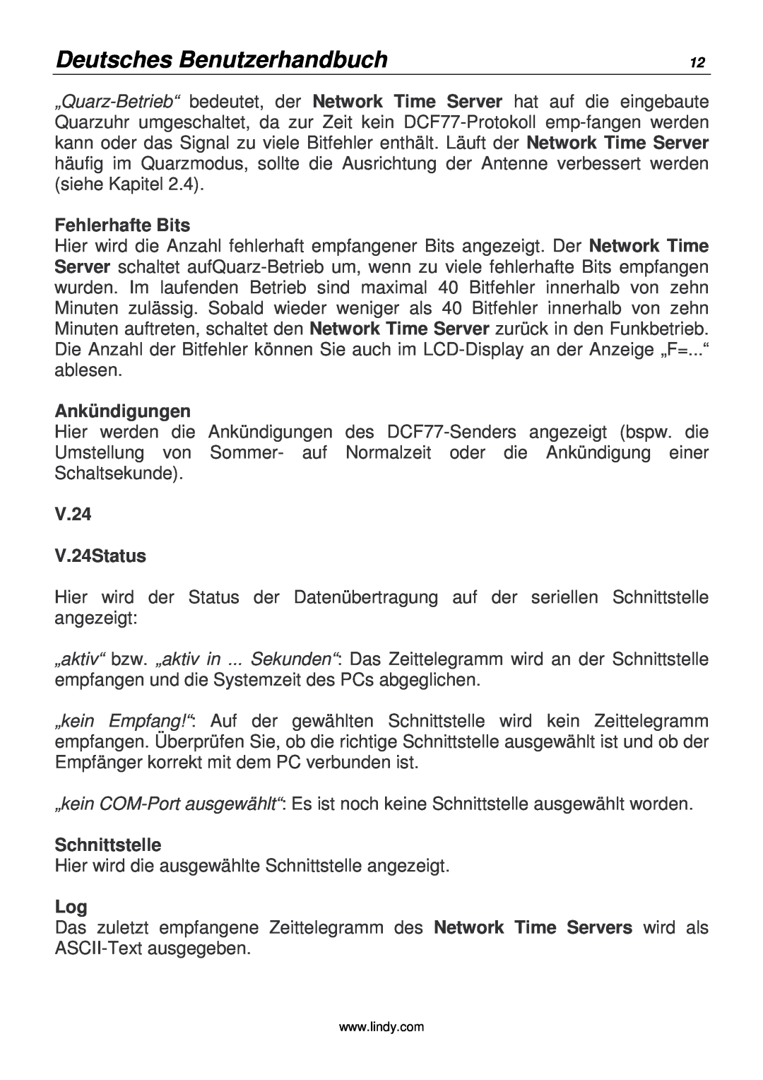 Lindy 20988 manual Deutsches Benutzerhandbuch, Fehlerhafte Bits, Ankündigungen, V.24 V.24Status, Schnittstelle 