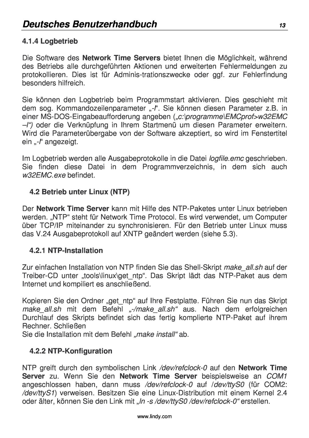 Lindy 20988 manual Deutsches Benutzerhandbuch, Logbetrieb, Betrieb unter Linux NTP, NTP-Installation, NTP-Konfiguration 