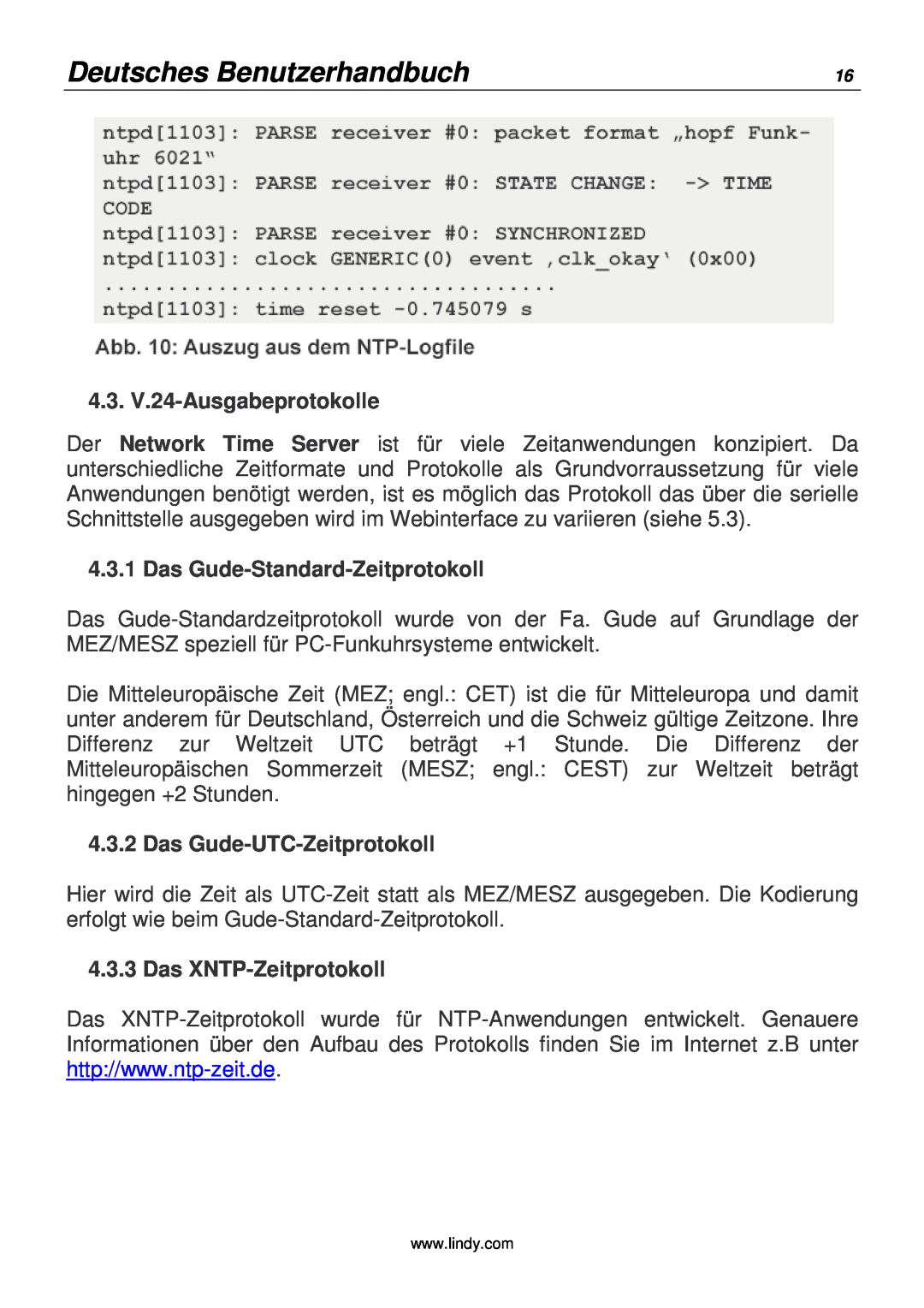 Lindy 20988 manual Deutsches Benutzerhandbuch, 4.3. V.24-Ausgabeprotokolle, Das Gude-Standard-Zeitprotokoll 