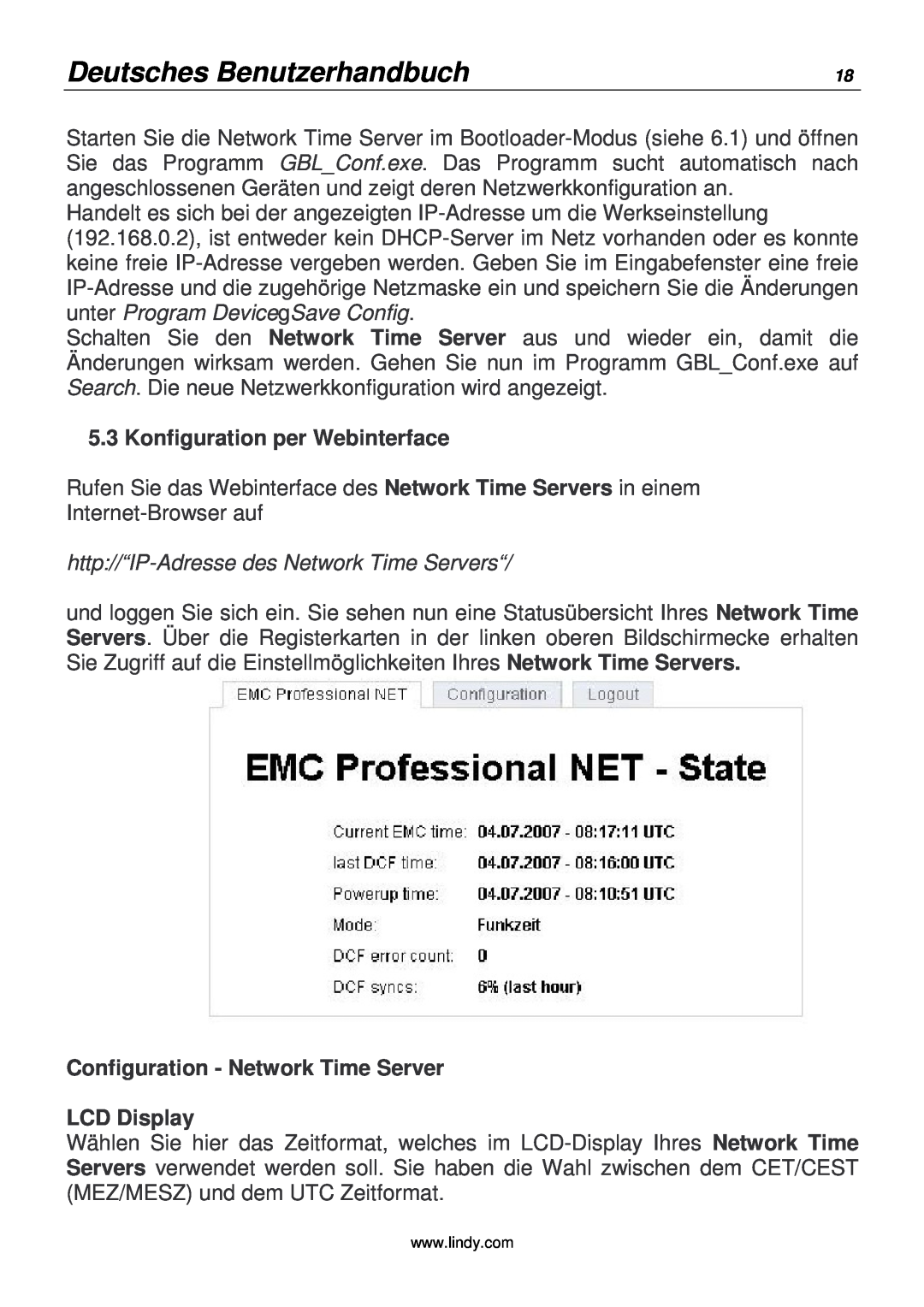 Lindy 20988 manual Deutsches Benutzerhandbuch, Konfiguration per Webinterface, http//“IP-Adresse des Network Time Servers“ 