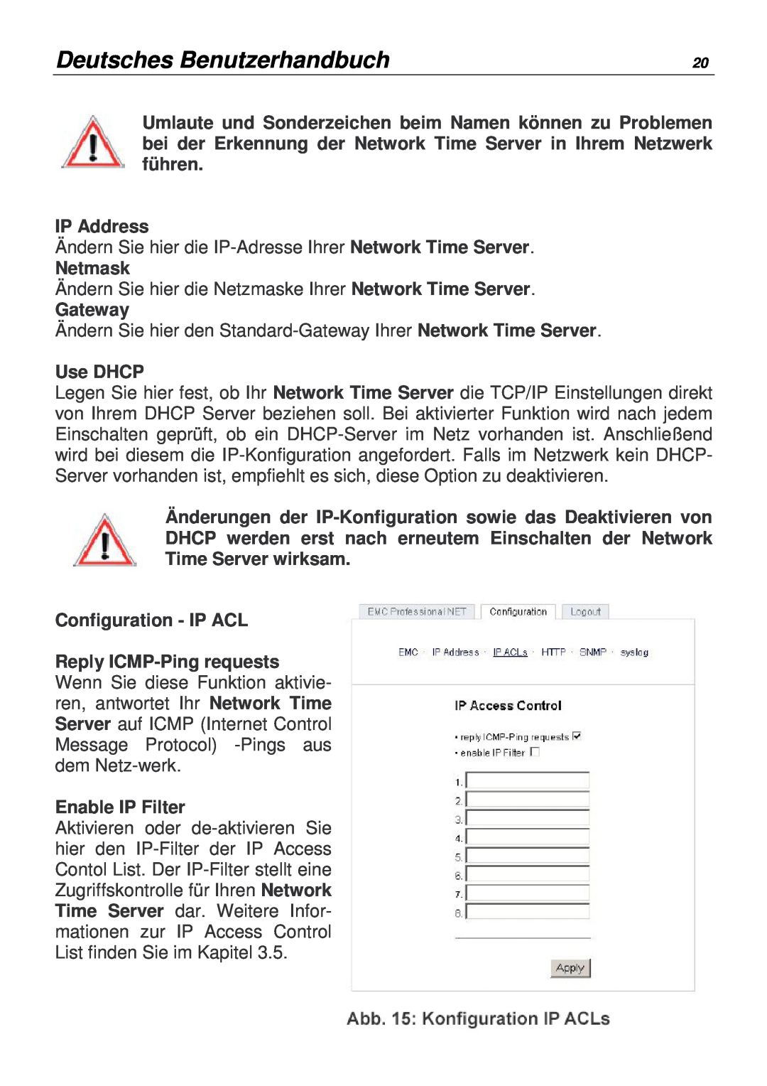 Lindy 20988 Deutsches Benutzerhandbuch, IP Address, Netmask, Gateway, Use DHCP, Configuration - IP ACL, Enable IP Filter 