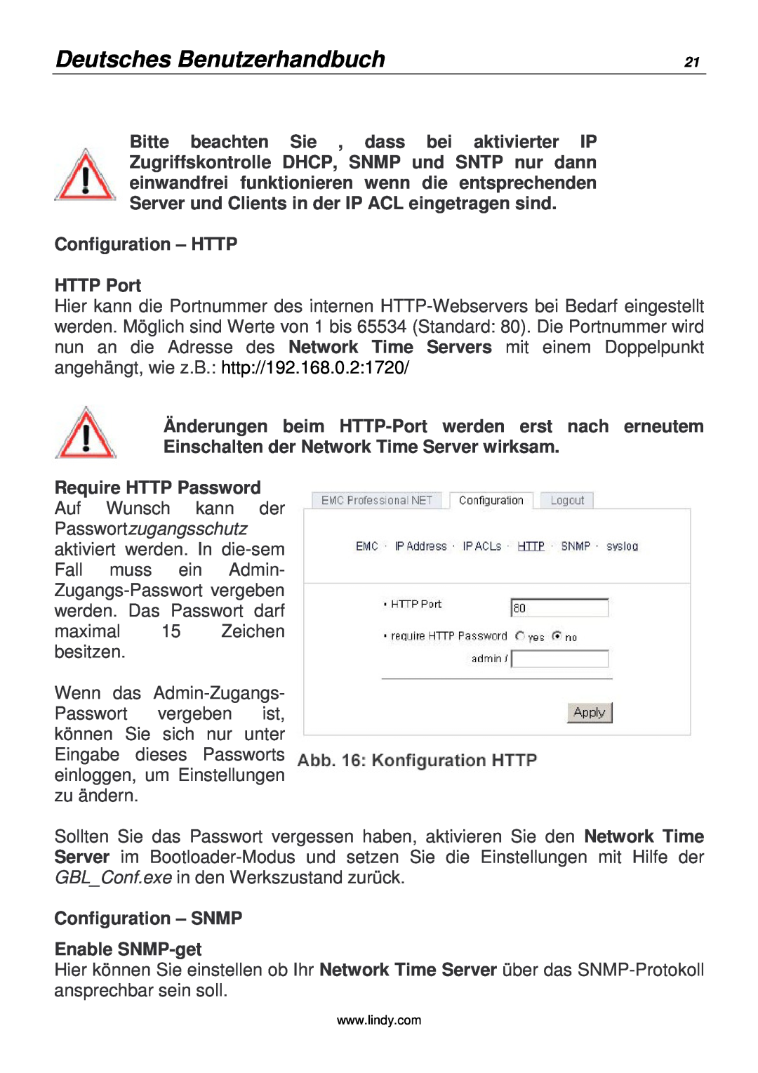 Lindy 20988 manual Deutsches Benutzerhandbuch, Configuration - HTTP HTTP Port, Configuration - SNMP Enable SNMP-get 