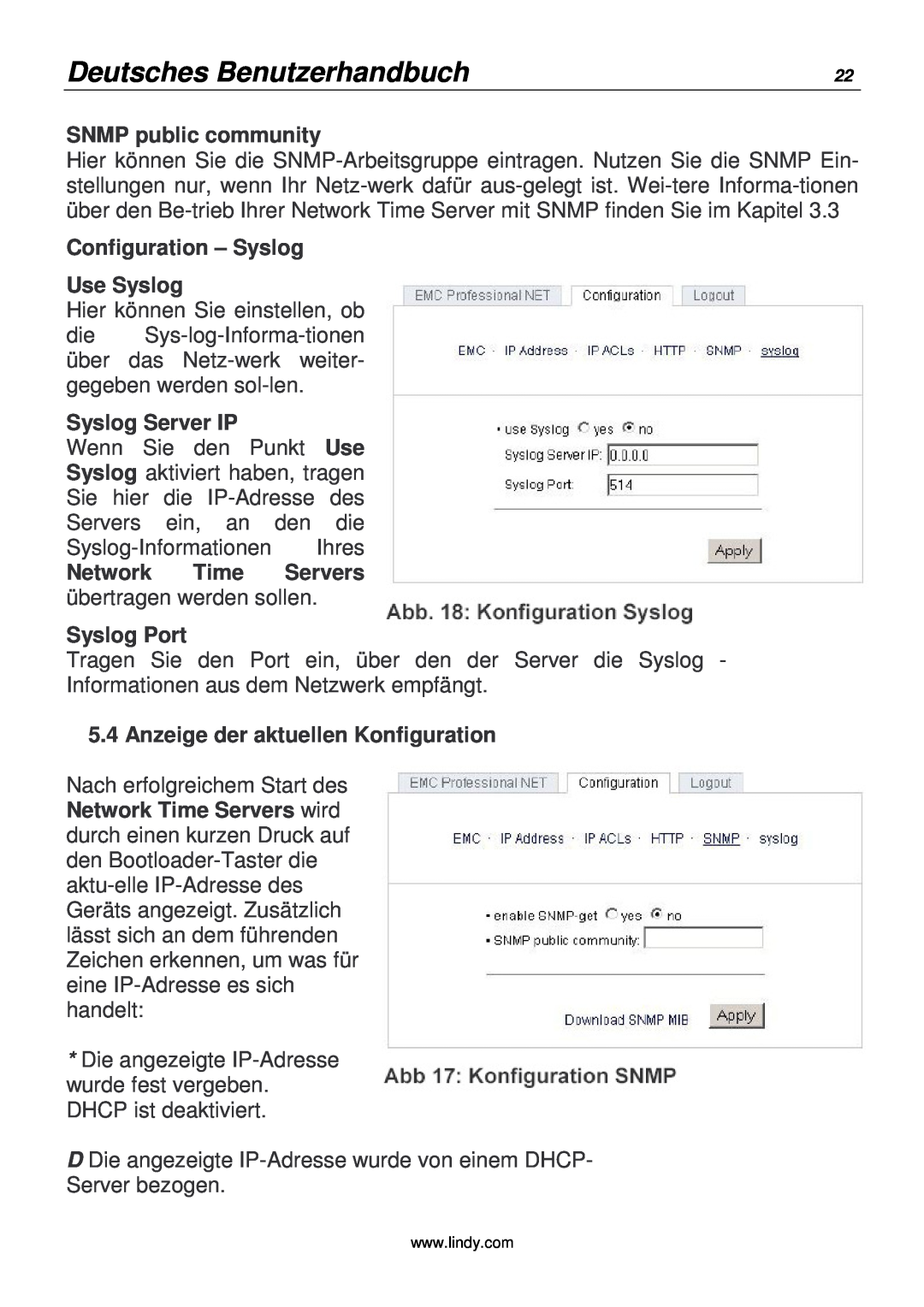 Lindy 20988 manual Deutsches Benutzerhandbuch, SNMP public community, Configuration - Syslog Use Syslog, Syslog Server IP 