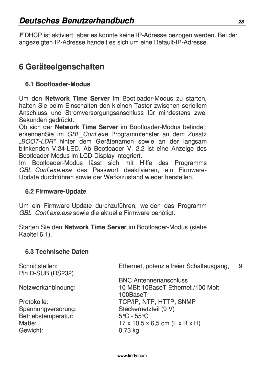 Lindy 20988 manual 6 Geräteeigenschaften, Deutsches Benutzerhandbuch, Bootloader-Modus, Firmware-Update, Technische Daten 