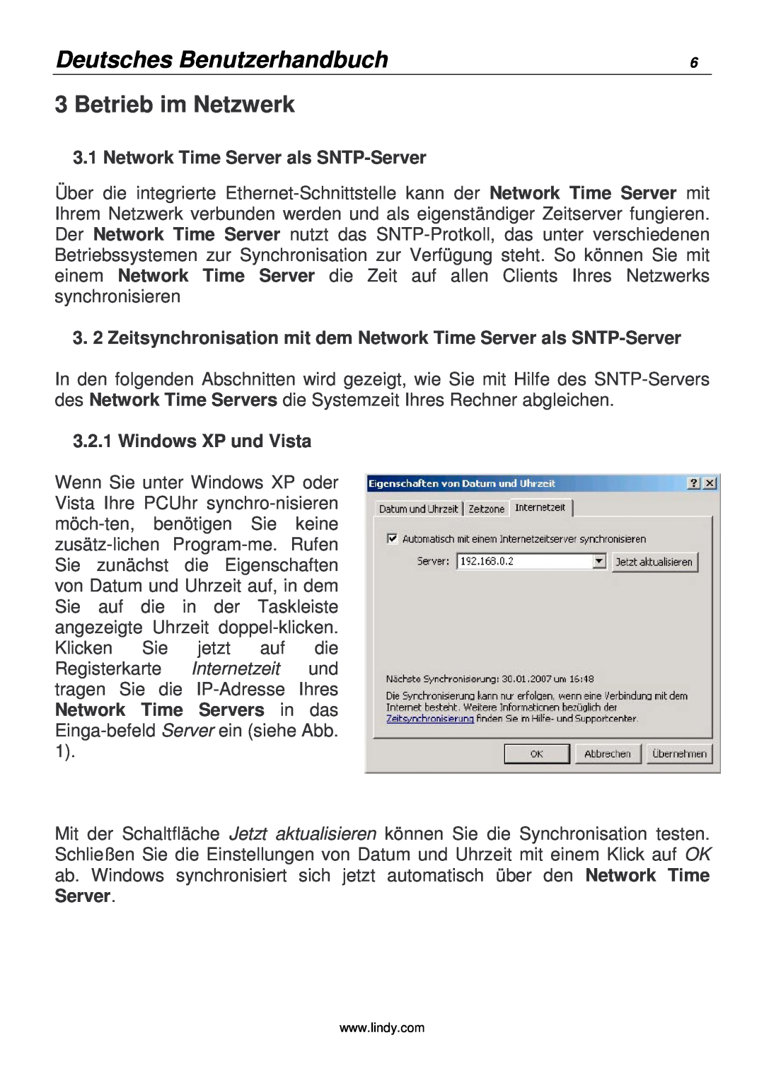 Lindy 20988 Betrieb im Netzwerk, Deutsches Benutzerhandbuch, Network Time Server als SNTP-Server, Windows XP und Vista 
