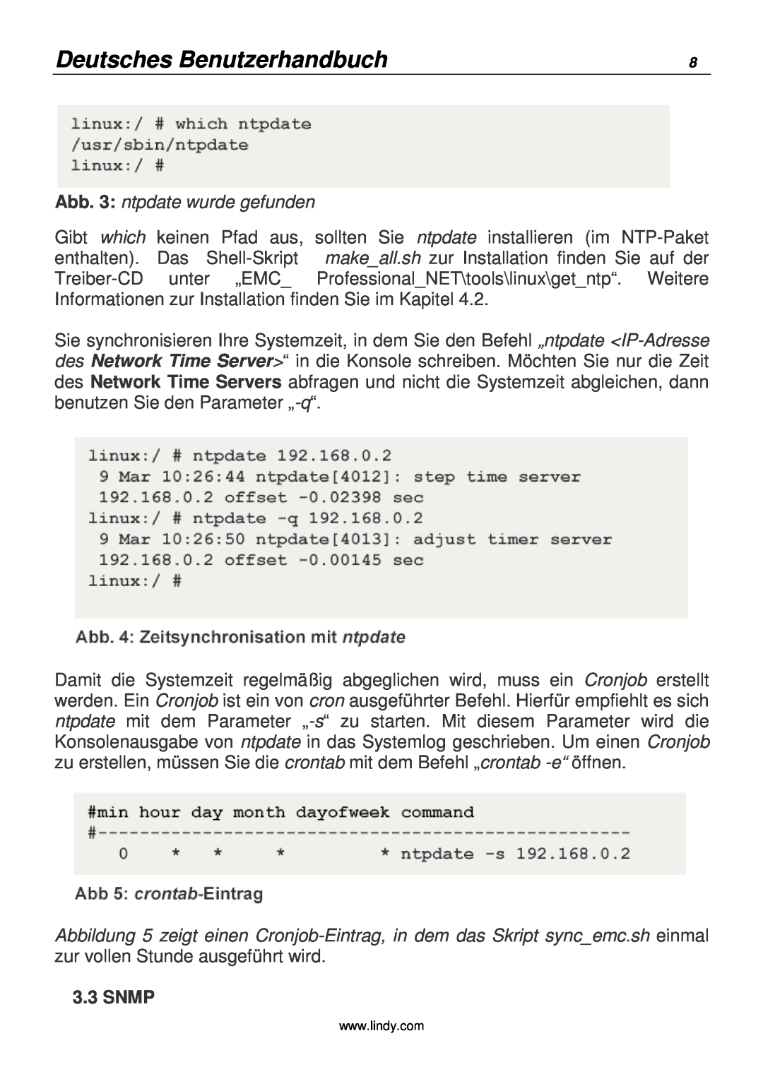 Lindy 20988 manual Deutsches Benutzerhandbuch, Abb. 3 ntpdate wurde gefunden, Snmp 