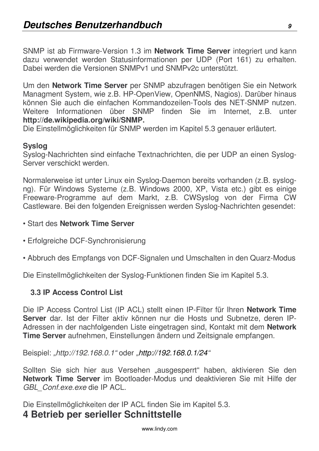 Lindy 20988 Betrieb per serieller Schnittstelle, Http//de.wikipedia.org/wiki/SNMP, Syslog, Start des Network Time Server 