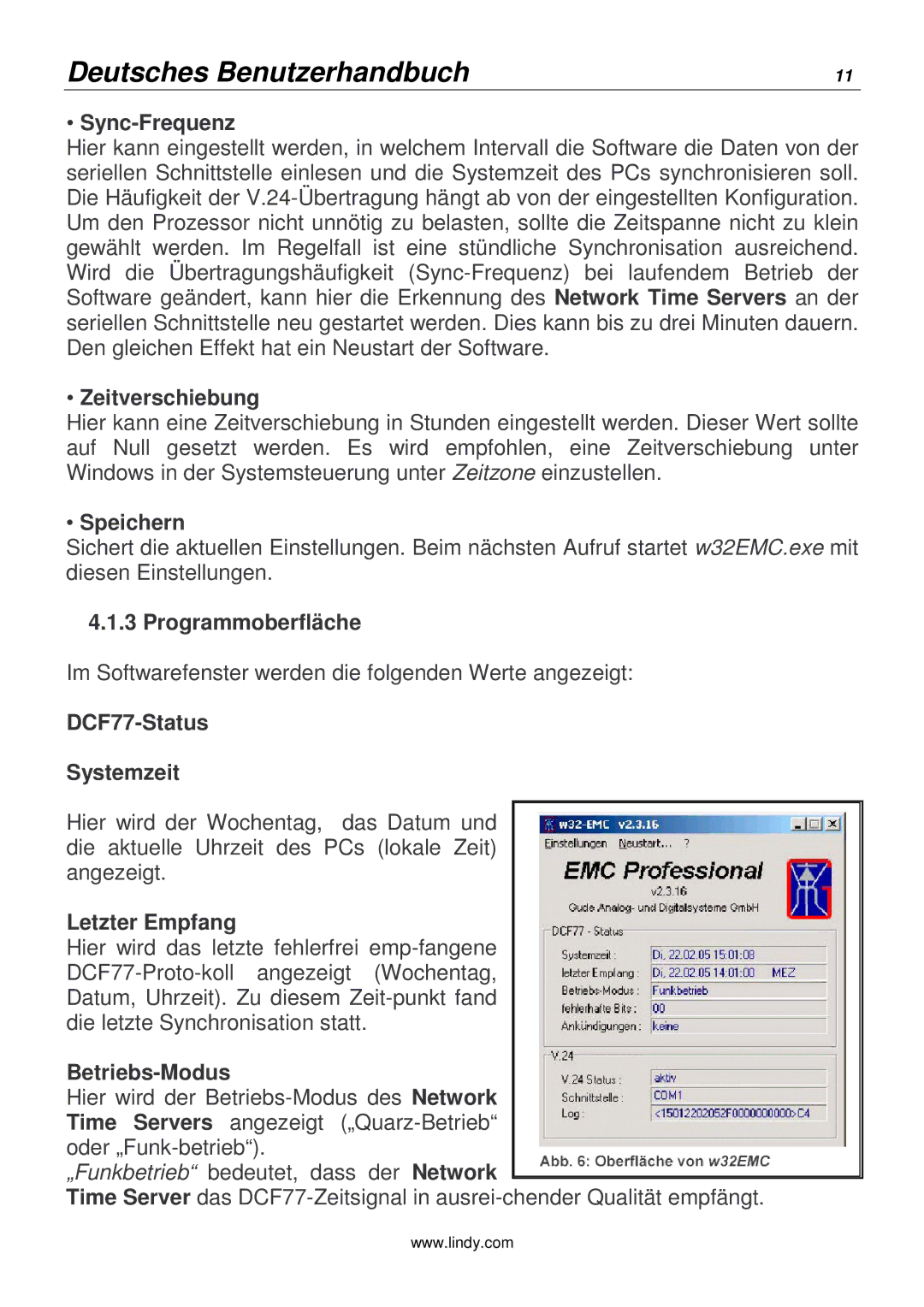 Lindy 20988 manual Sync-Frequenz, Zeitverschiebung, Speichern, Programmoberfläche, DCF77-Status Systemzeit, Letzter Empfang 