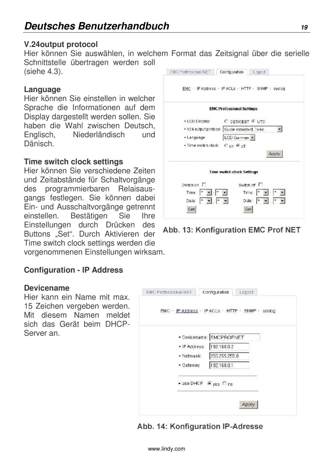 Lindy 20988 manual 24output protocol, Language, Time switch clock settings, Configuration IP Address Devicename 