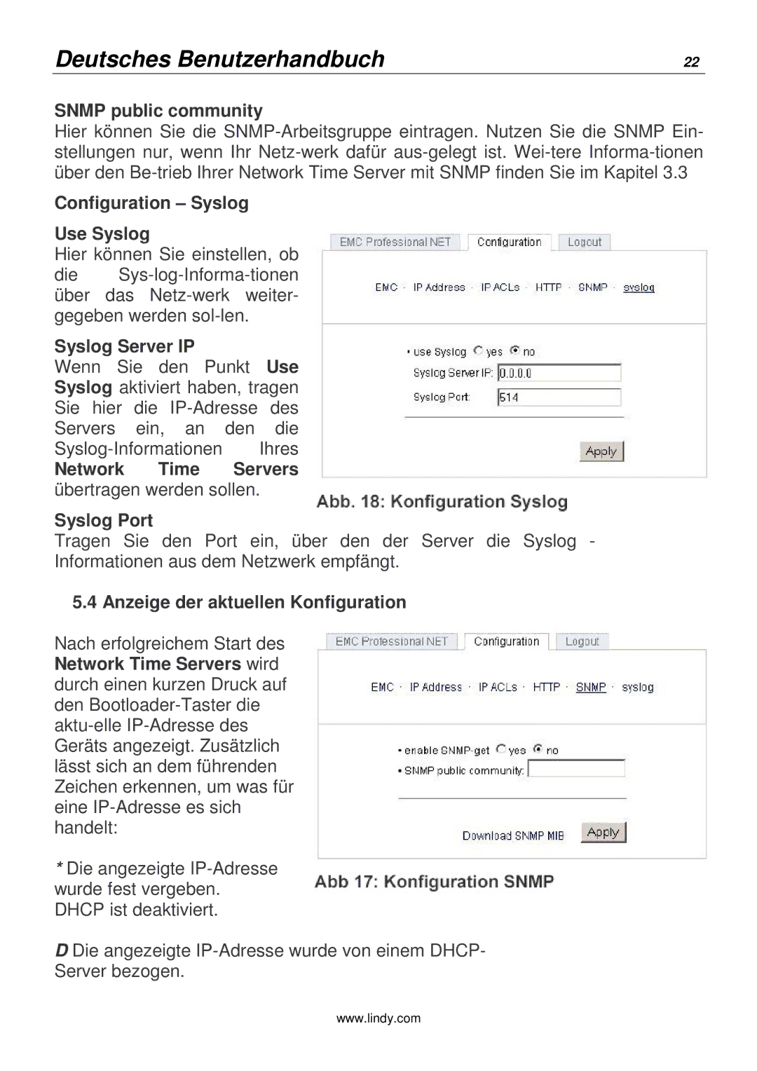 Lindy 20988 Snmp public community, Configuration Syslog Use Syslog, Syslog Server IP, Anzeige der aktuellen Konfiguration 