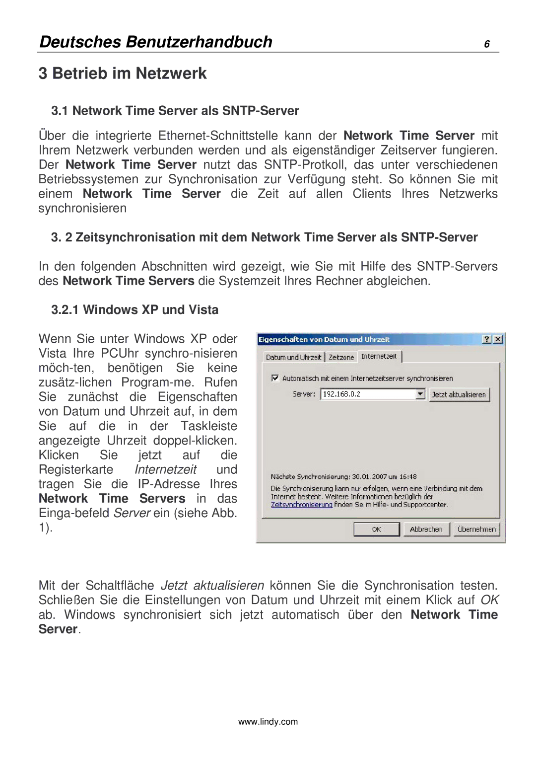 Lindy 20988 manual Betrieb im Netzwerk, Network Time Server als SNTP-Server, Windows XP und Vista 