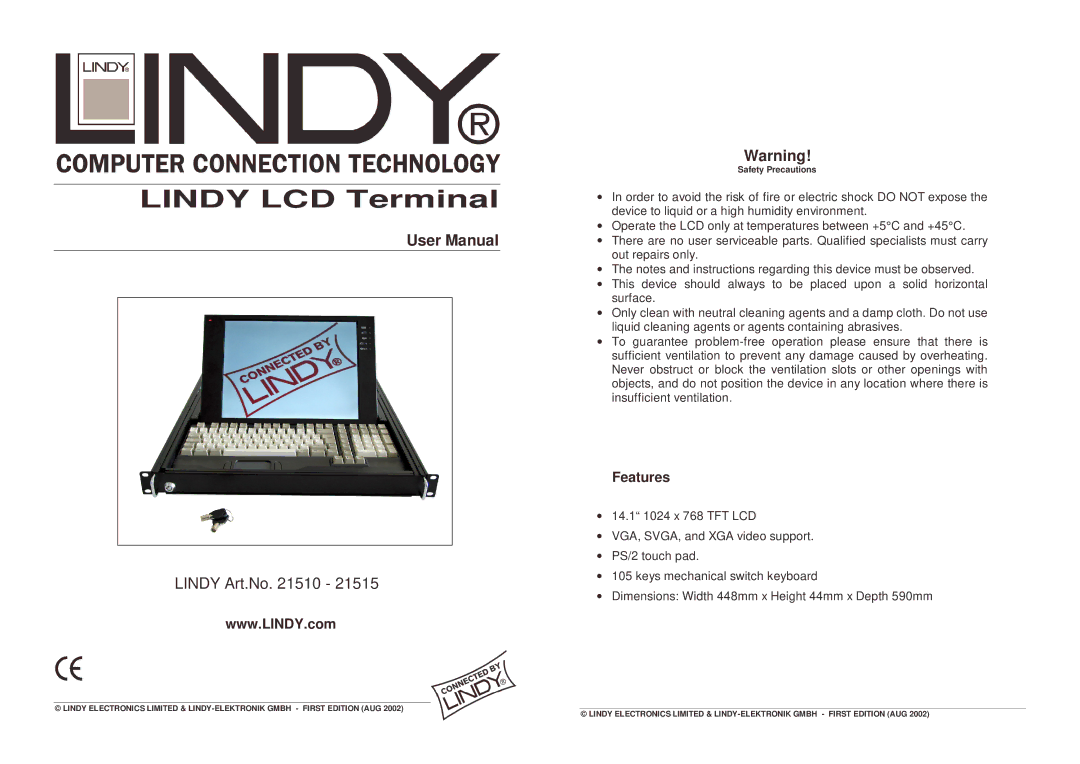 Lindy 21510, 21515 user manual Lindy LCD Terminal, Features 