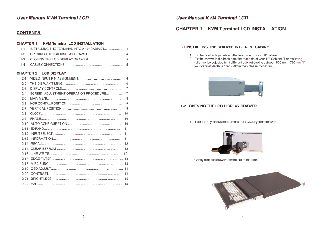 Lindy 21515, 21510 user manual KVM Terminal LCD Installation, Contents 