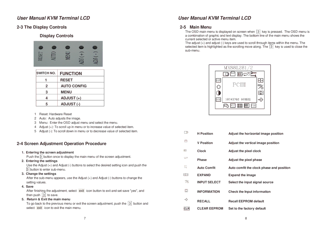 Lindy 21515, 21510 user manual Display Controls, Function, Screen Adjustment Operation Procedure, Main Menu 