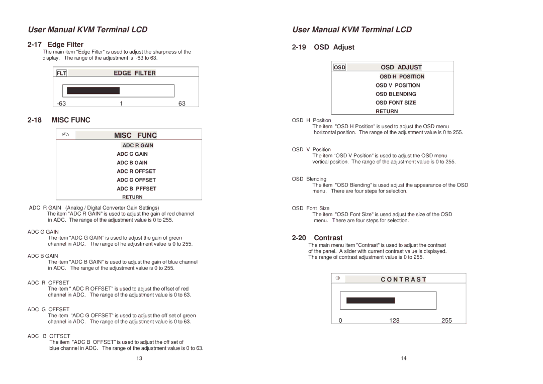 Lindy 21510, 21515 user manual Edge Filter, Misc Func, OSD Adjust, Contrast 