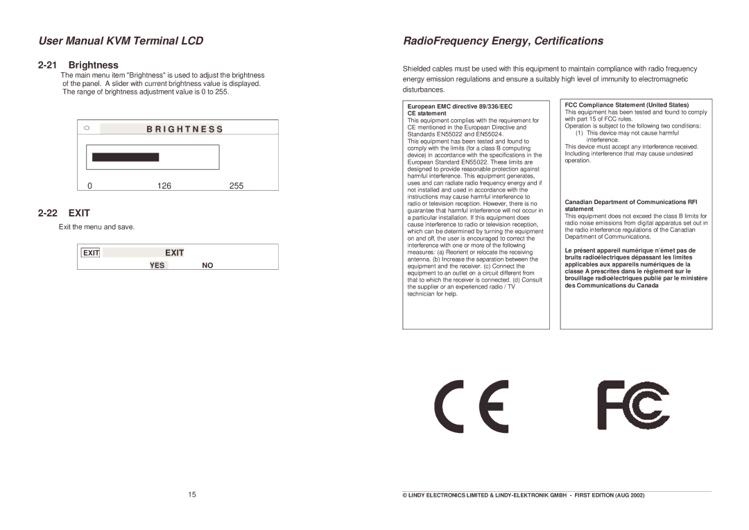 Lindy 21515, 21510 user manual Brightness, Exit, I G H T N E S S, Yesno 