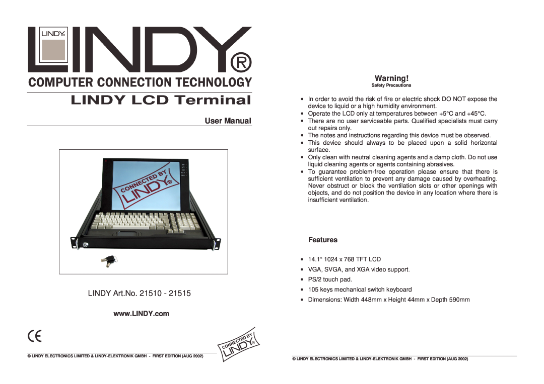 Lindy 21515 user manual User Manual, Features, LINDY LCD Terminal, LINDY Art.No. 21510 