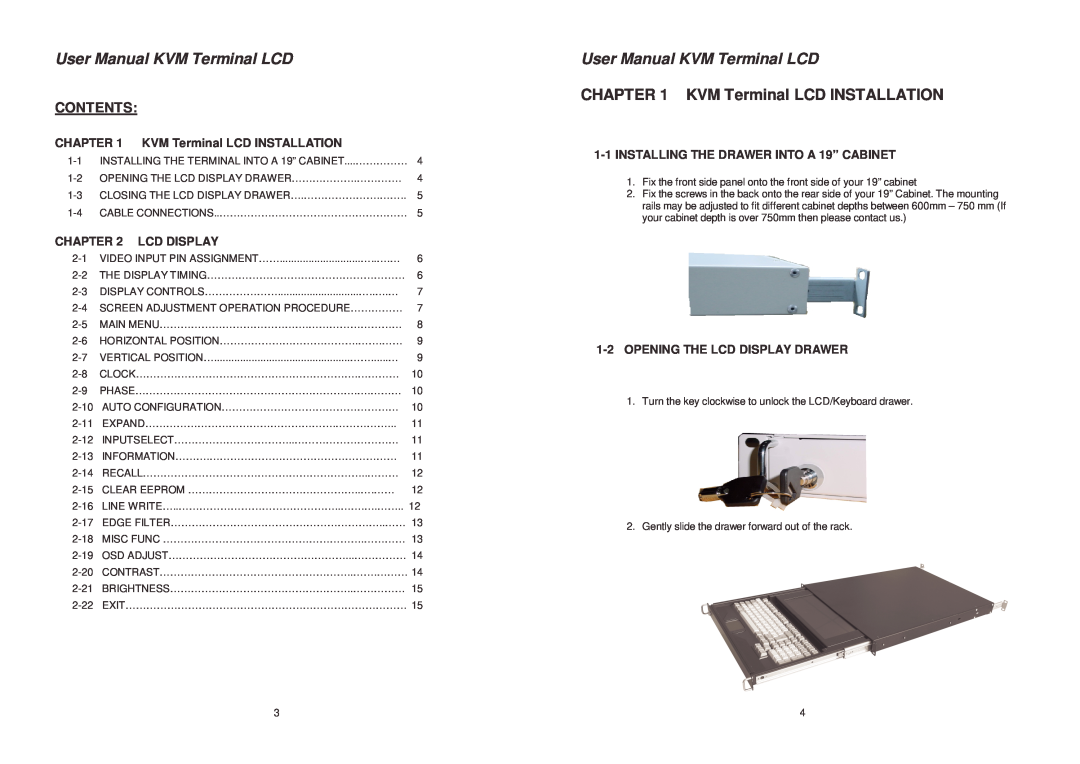 Lindy 21515, 21510 user manual User Manual KVM Terminal LCD, KVM Terminal LCD INSTALLATION, Contents, Lcd Display 