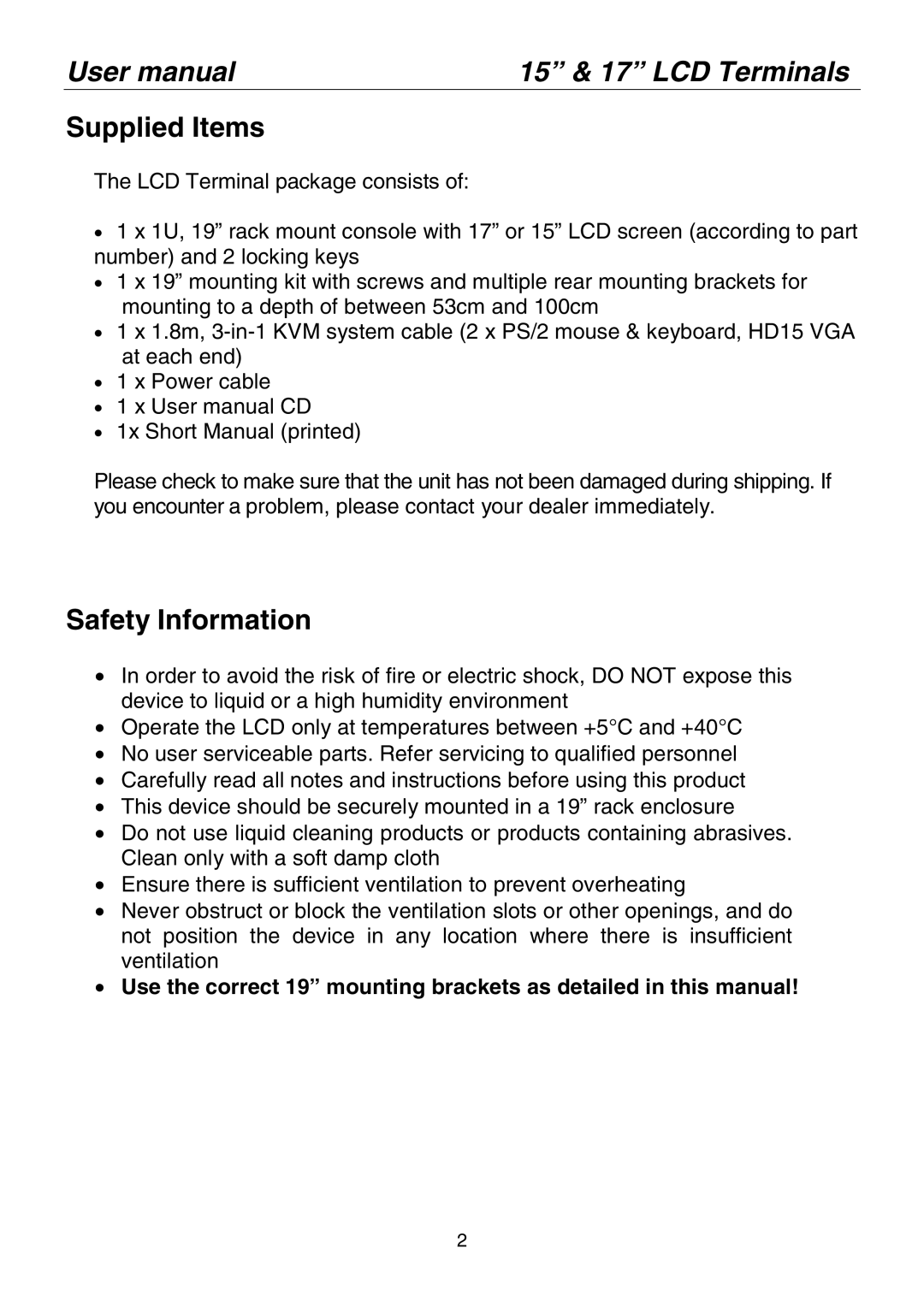 Lindy 21543(UK), 21545(US), 21544(CH), 21519(CH), 21542(FR) 15 & 17 LCD Terminals, Supplied Items, Safety Information 