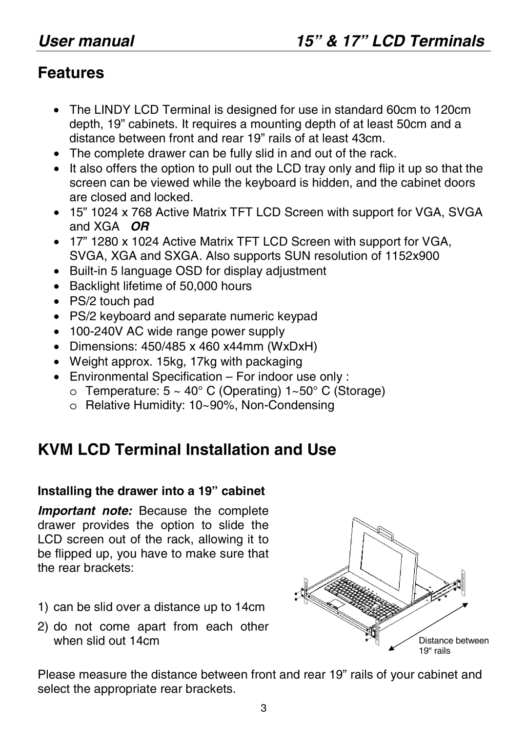 Lindy 21519(CH), 21545(US) Features, KVM LCD Terminal Installation and Use, Installing the drawer into a 19 cabinet 