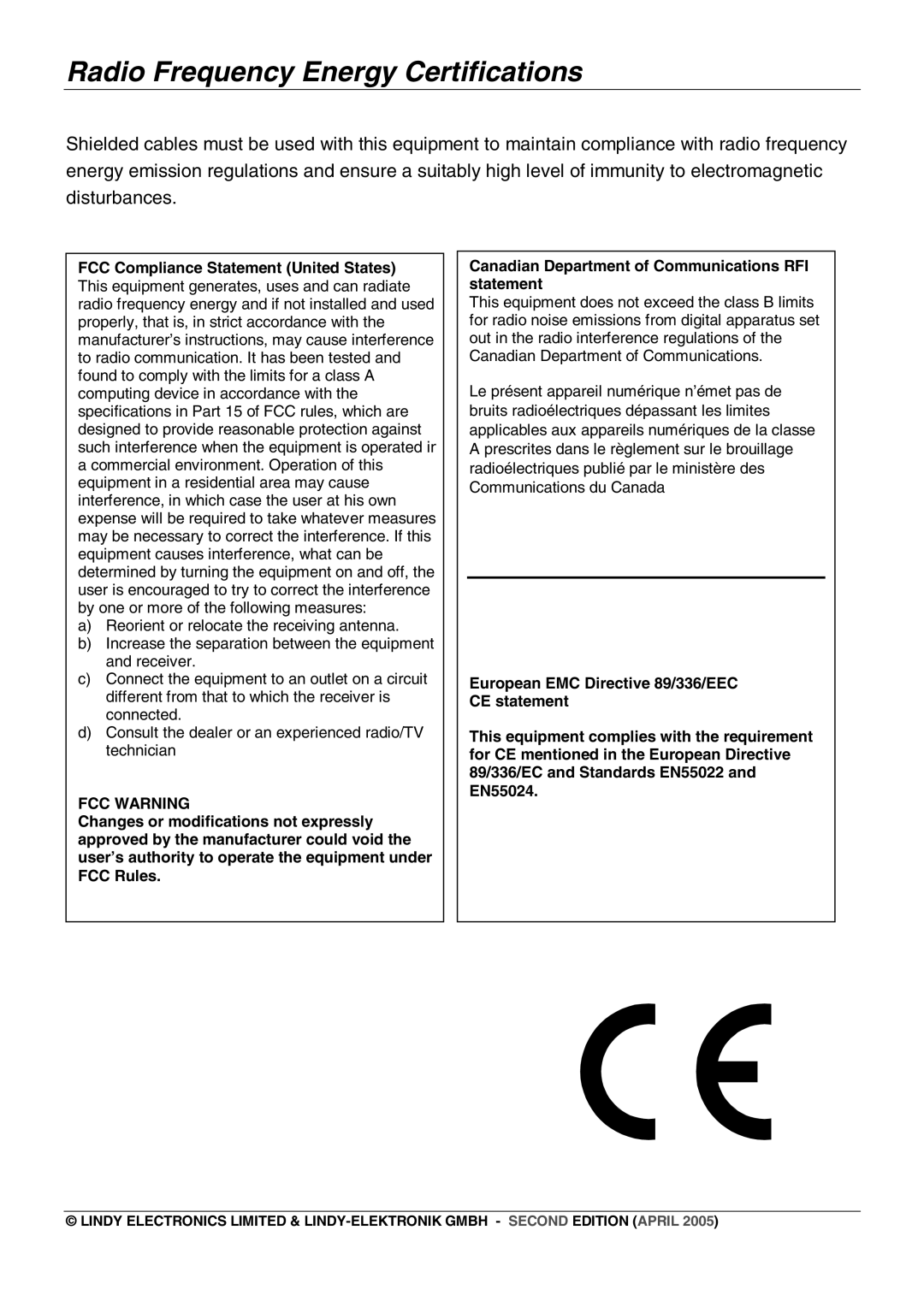 Lindy 21541(IT), 21545(US), 21544(CH) Radio Frequency Energy Certifications, FCC Compliance Statement United States 