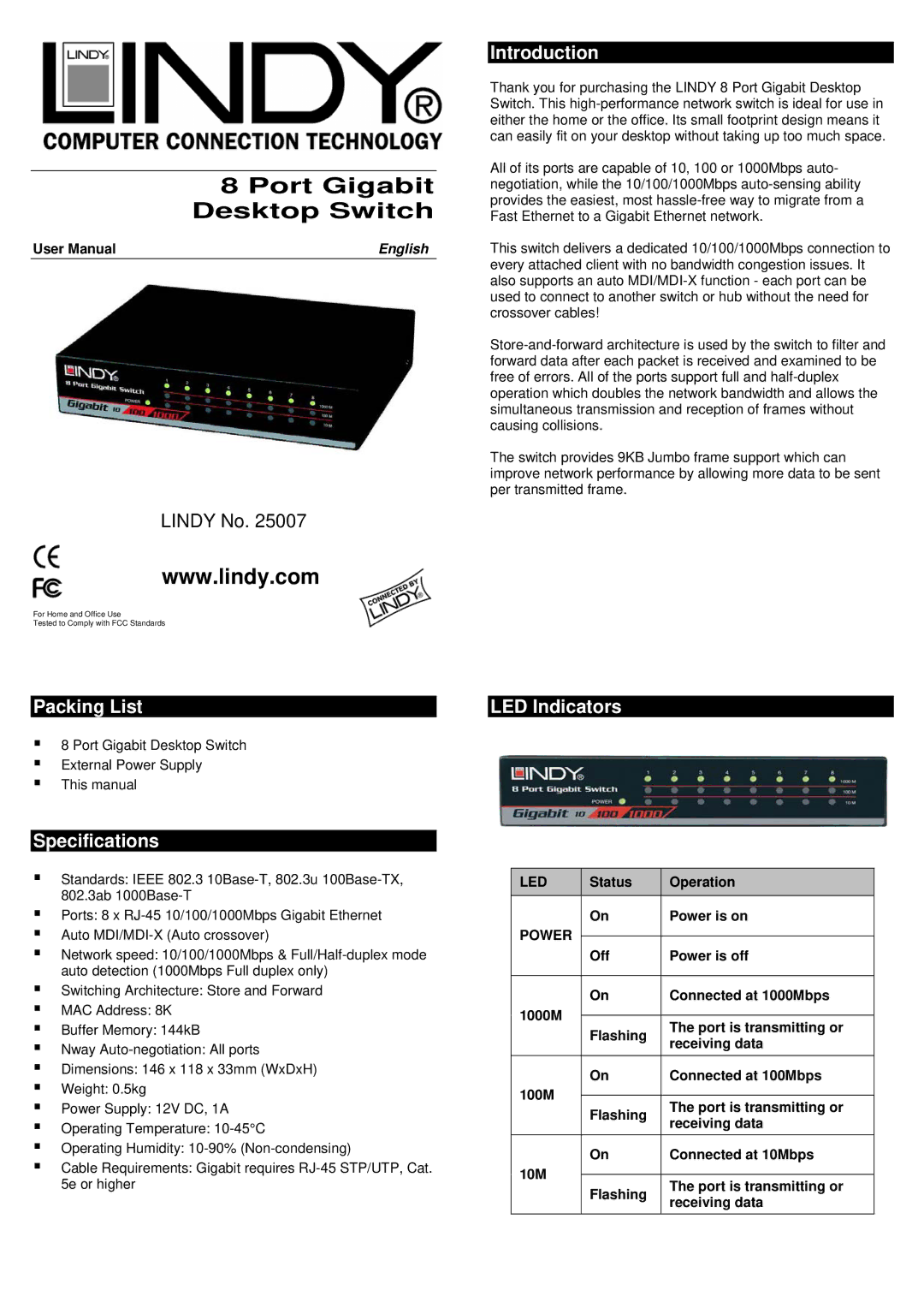 Lindy 25007 user manual Packing List, Specifications Introduction, LED Indicators 