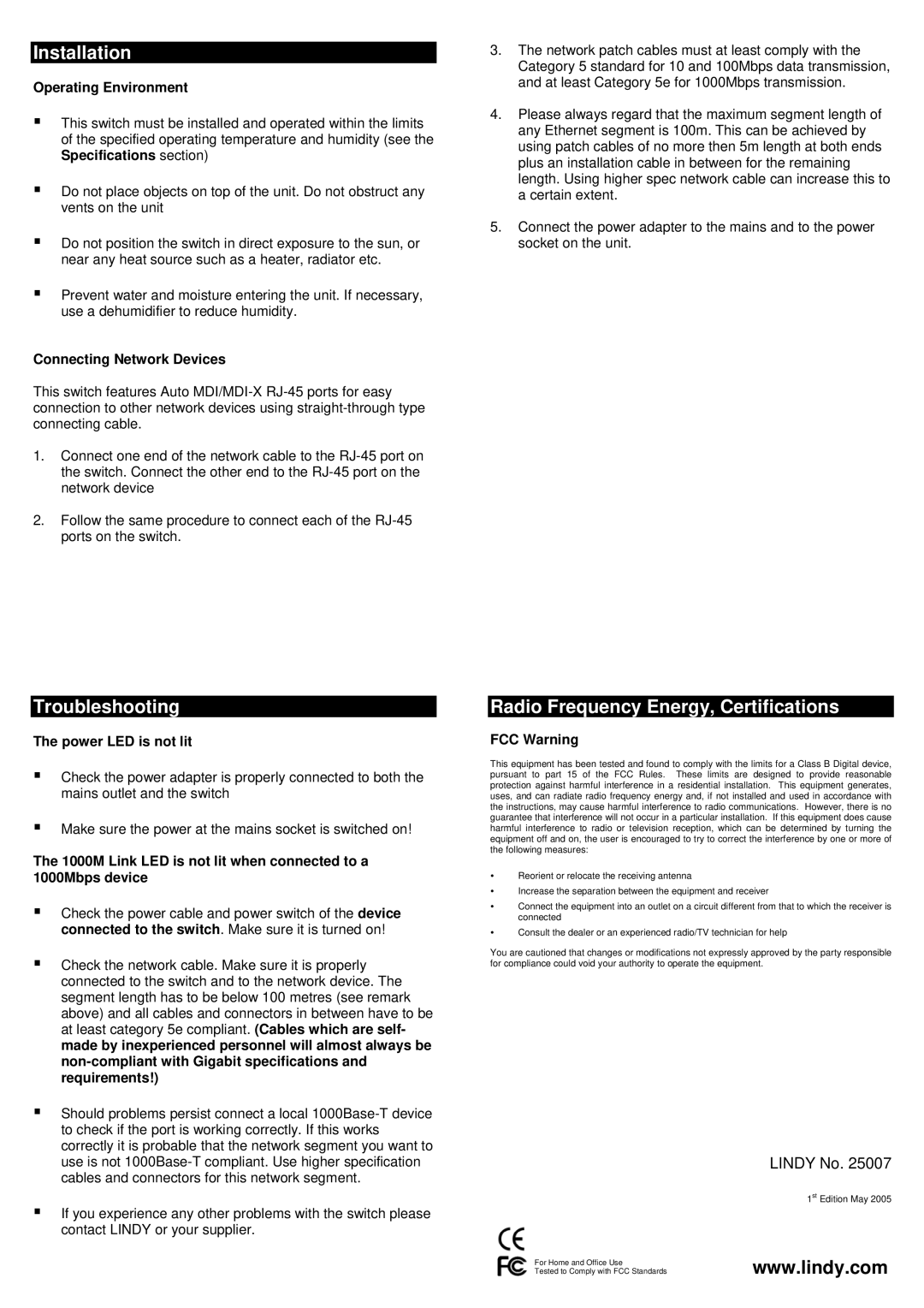 Lindy 25007 user manual Installation, Troubleshooting, Radio Frequency Energy, Certifications 