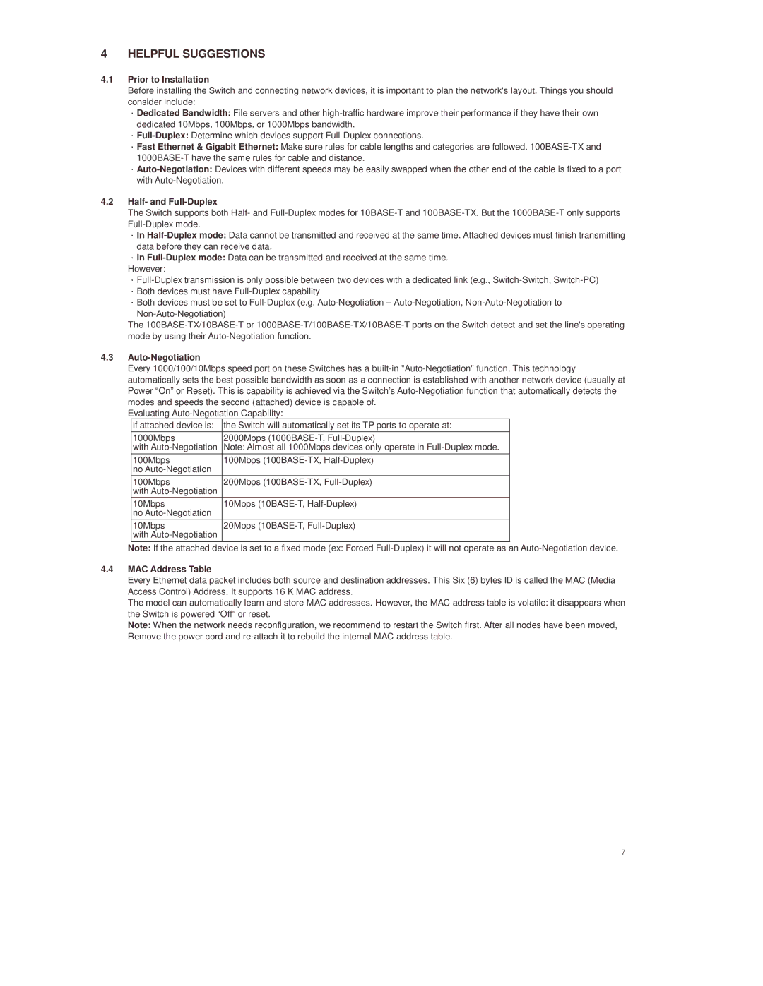 Lindy 25008 manual Helpful Suggestions, Prior to Installation, Half- and Full-Duplex, Auto-Negotiation, MAC Address Table 