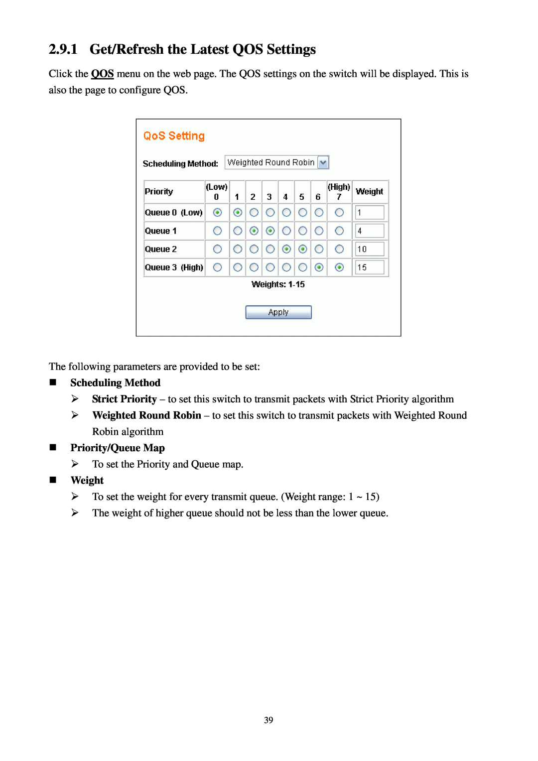 Lindy 25010 user manual 2.9.1 Get/Refresh the Latest QOS Settings, „ Scheduling Method, „ Priority/Queue Map, „ Weight 