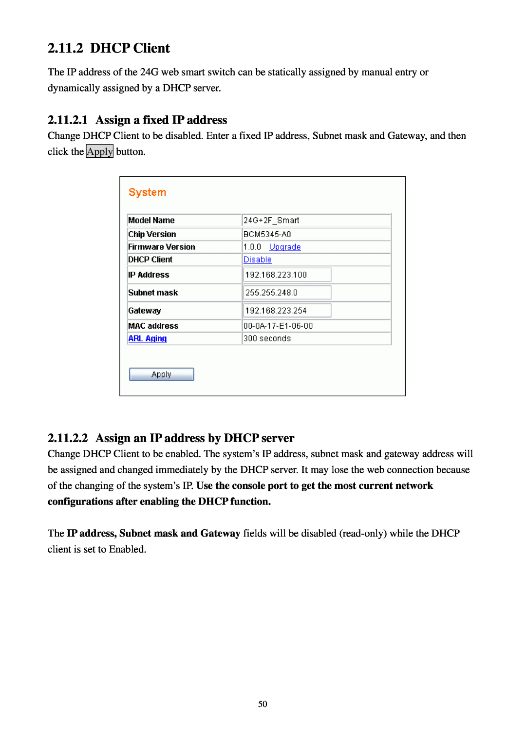 Lindy 25010 user manual DHCP Client, Assign a fixed IP address, Assign an IP address by DHCP server 