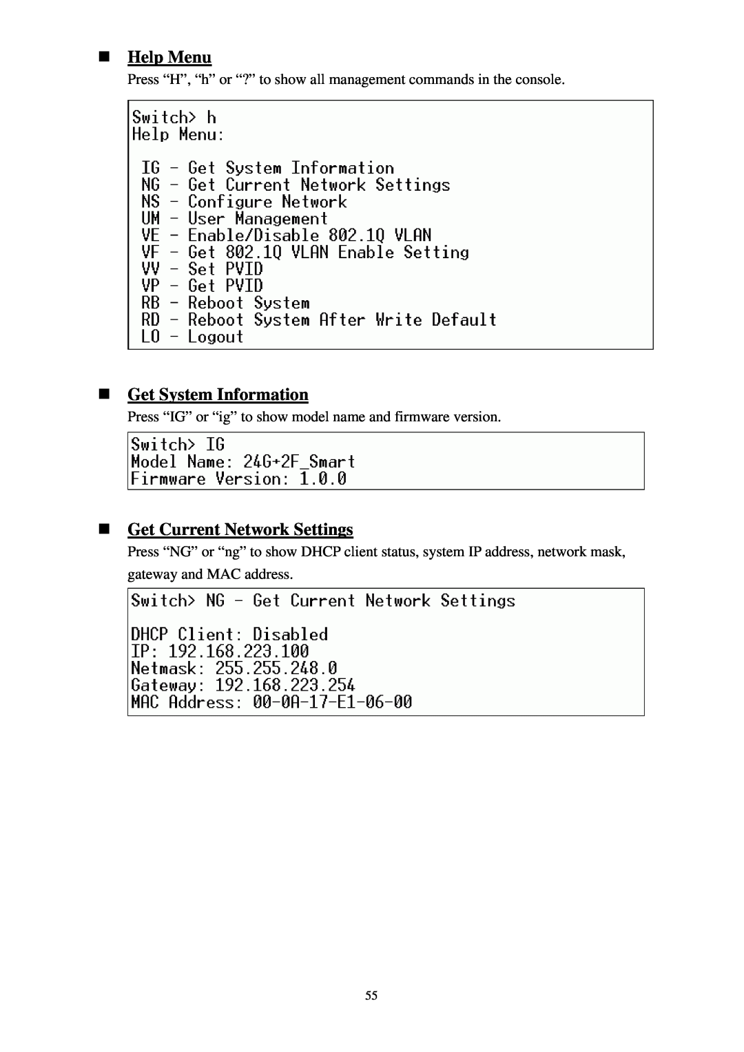 Lindy 25010 user manual „ Help Menu, „ Get System Information, „ Get Current Network Settings 