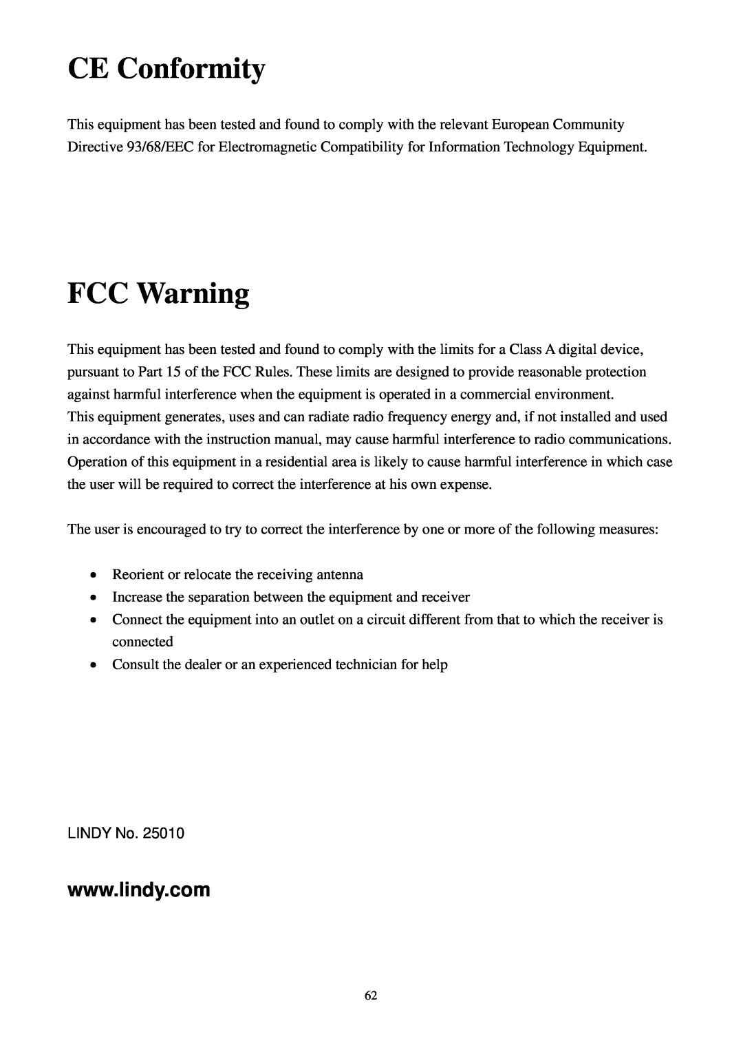 Lindy 25010 user manual CE Conformity, FCC Warning 