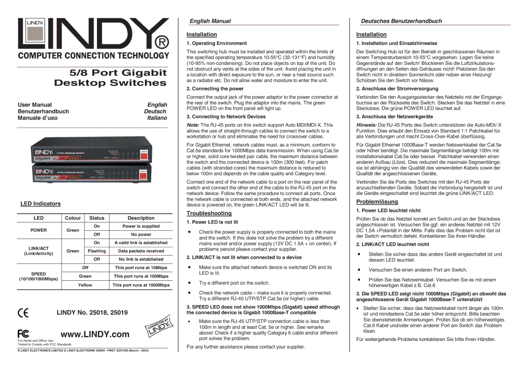 Lindy 25019, 25018 user manual Italiano, English Manual, Deutsches Benutzerhandbuch 