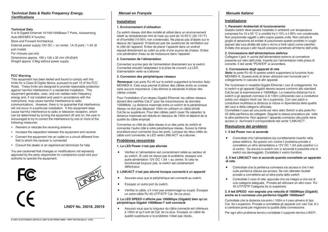 Lindy 25018, 25019 user manual Technical Data & Radio Frequency Energy, Certifications, Manuel en Français, Manuale Italiano 