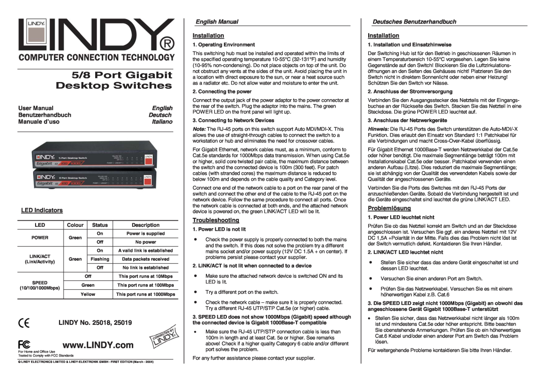 Lindy 25019, 25018 user manual User Manual, English, Benutzerhandbuch, Deutsch, Manuale d’uso, Italiano, LED Indicators 
