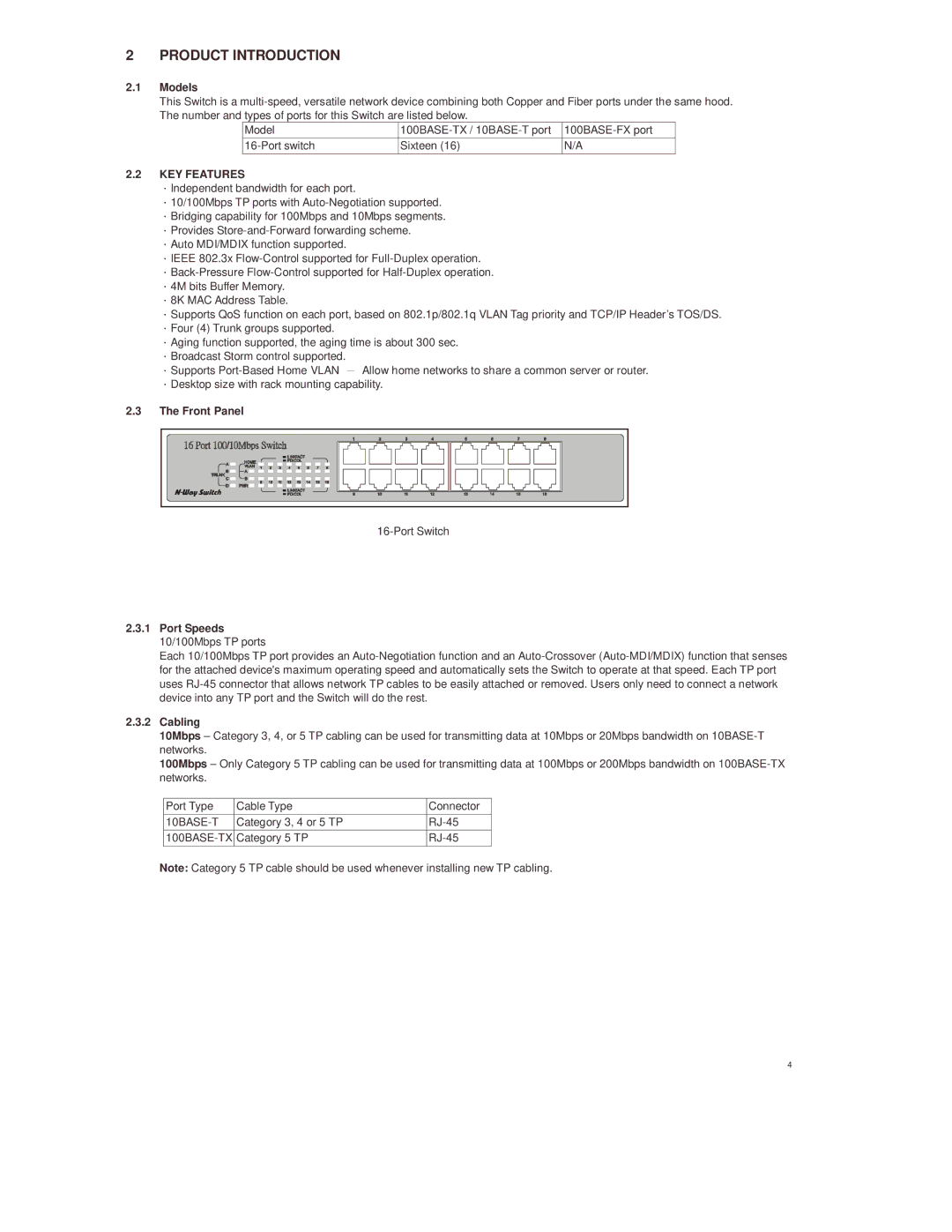 Lindy 25020 manual Product Introduction, Models, Front Panel, Port Speeds, Cabling 