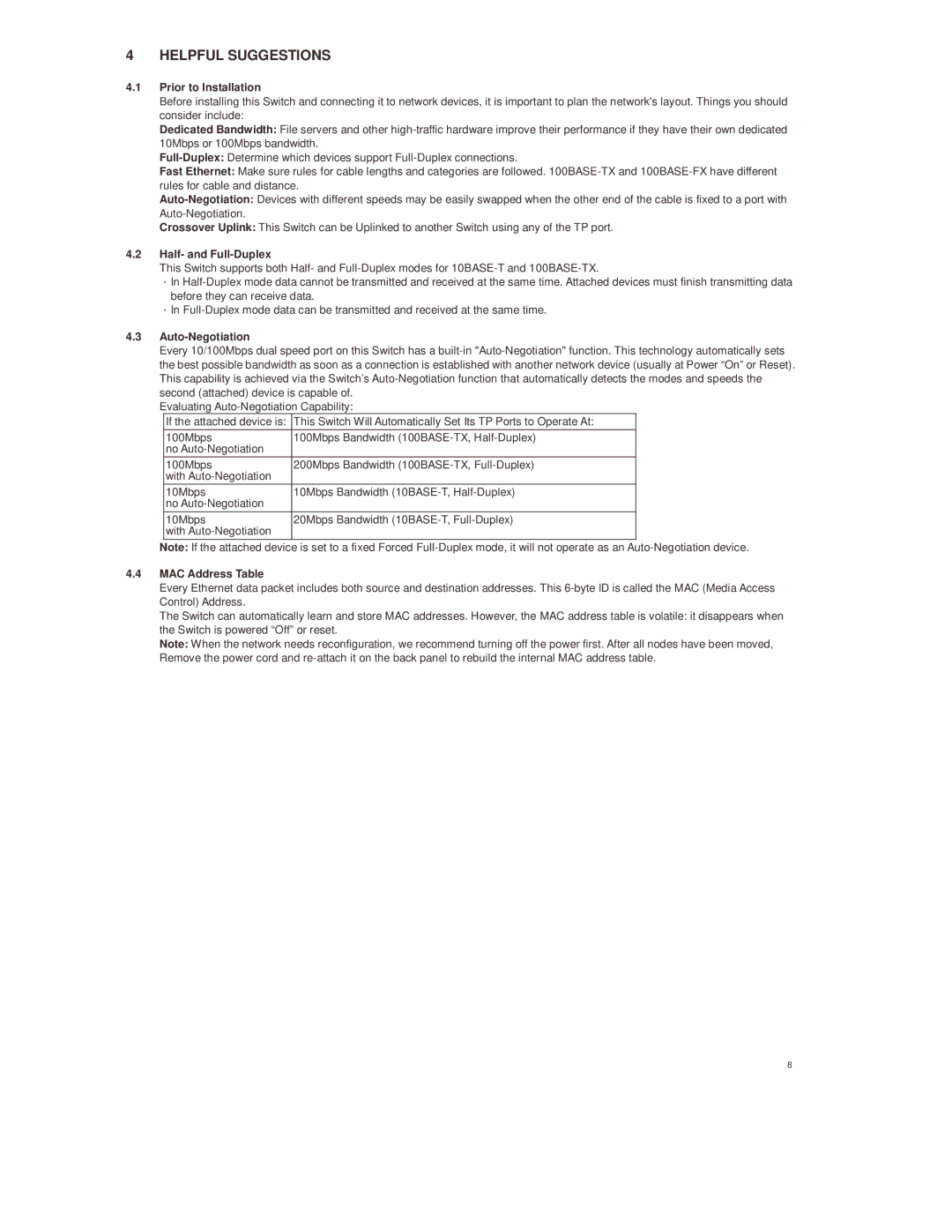 Lindy 25020 manual Helpful Suggestions, Prior to Installation, Half- and Full-Duplex, Auto-Negotiation, MAC Address Table 