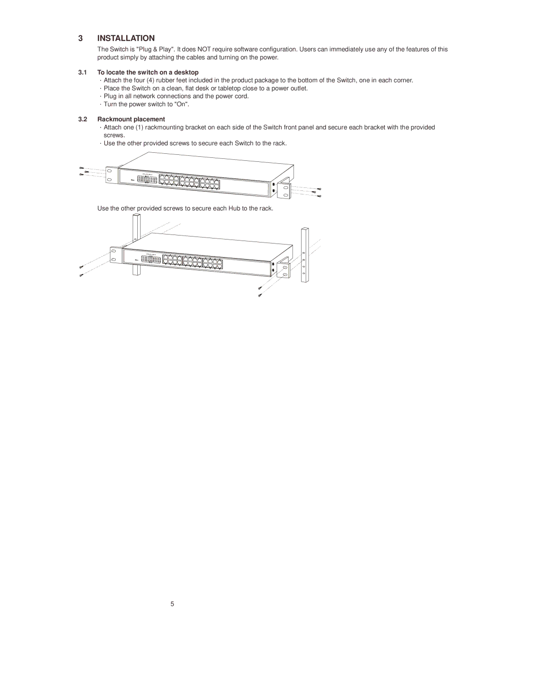 Lindy 25021 manual Installation, To locate the switch on a desktop, Rackmount placement 