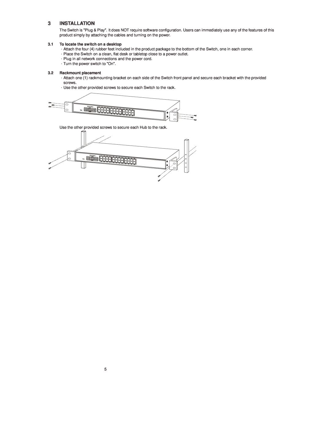 Lindy 25021 manual Installation, To locate the switch on a desktop, Rackmount placement 