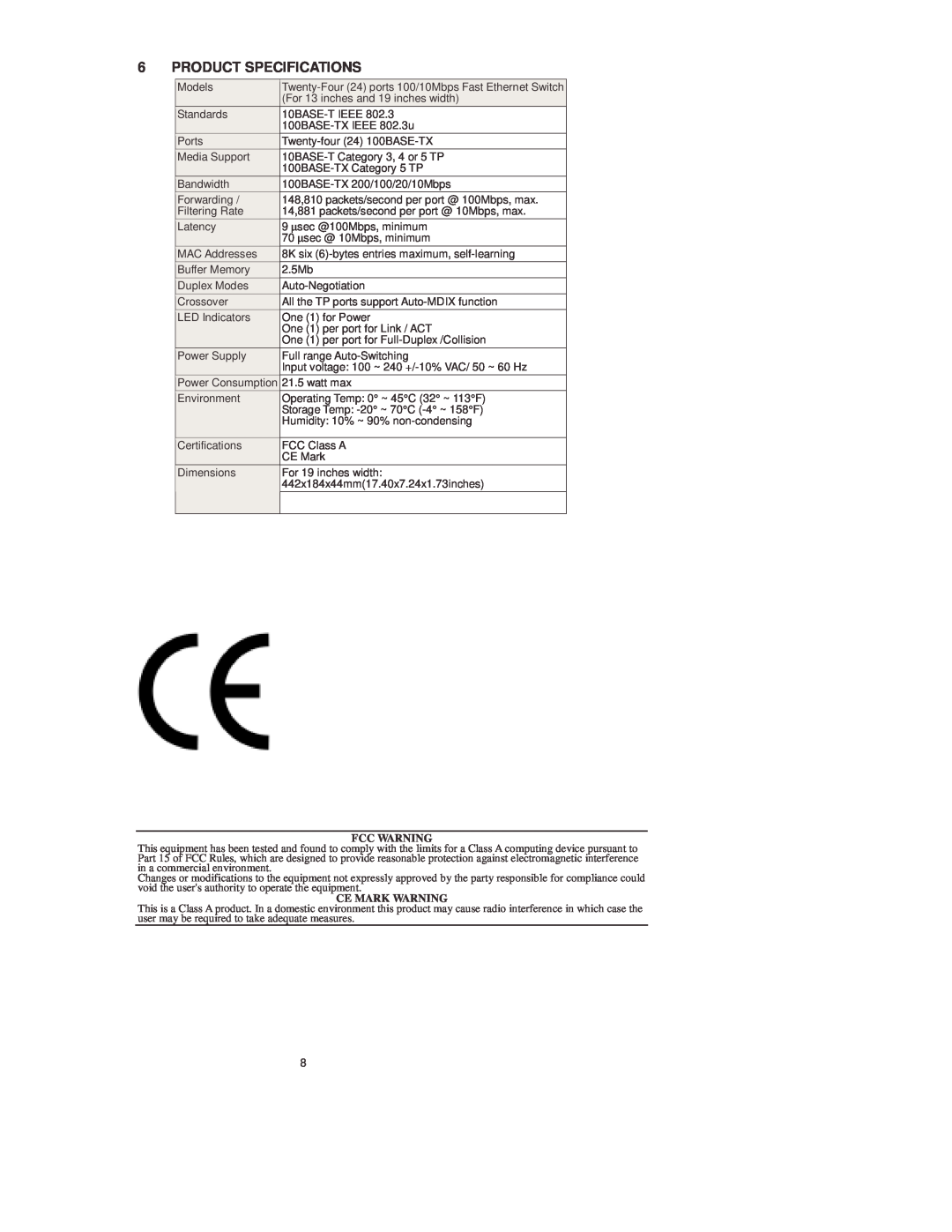 Lindy 25021 manual Product Specifications, Fcc Warning, Ce Mark Warning 