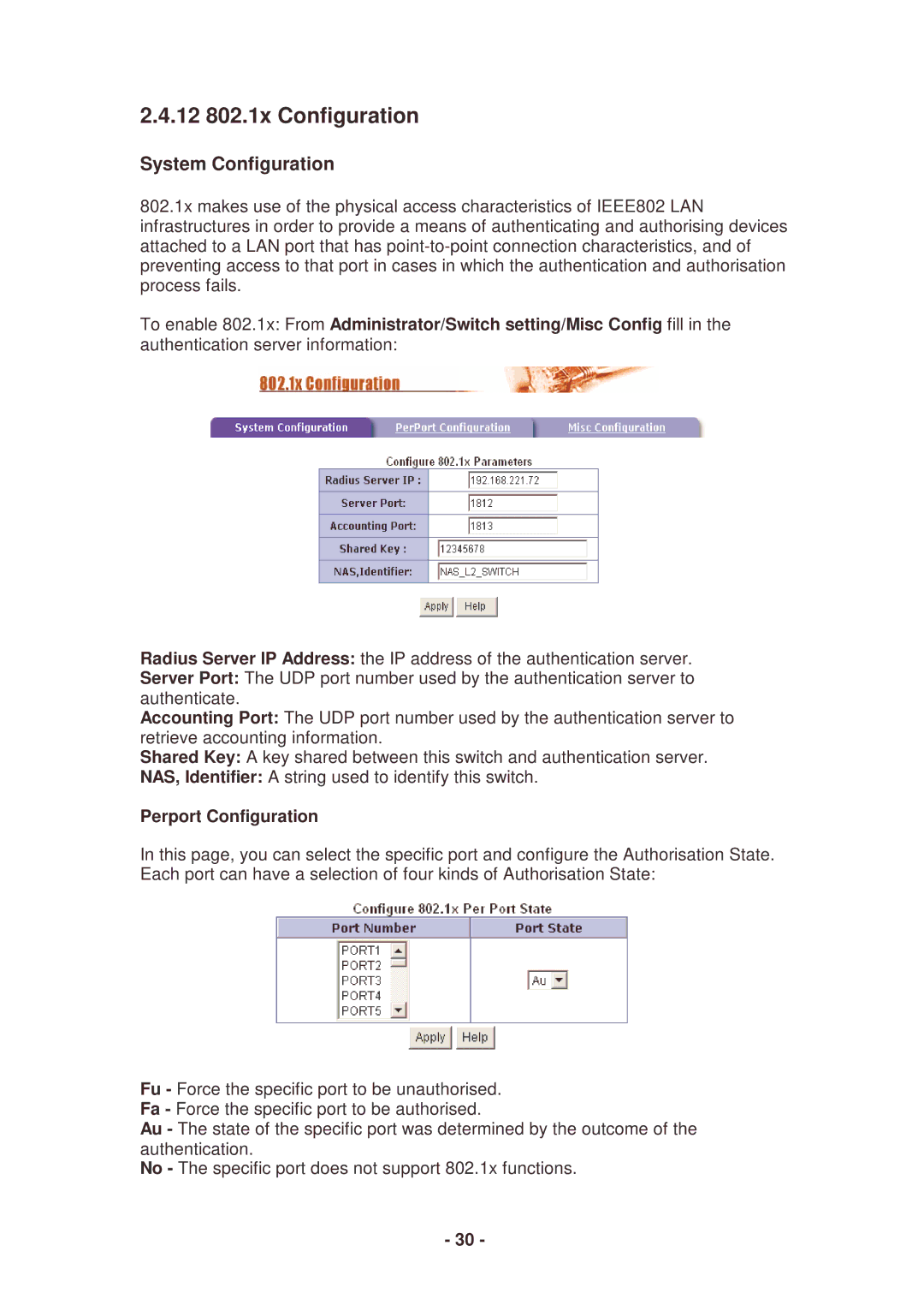 Lindy 25030 user manual 12 802.1x Configuration, System Configuration, Perport Configuration 