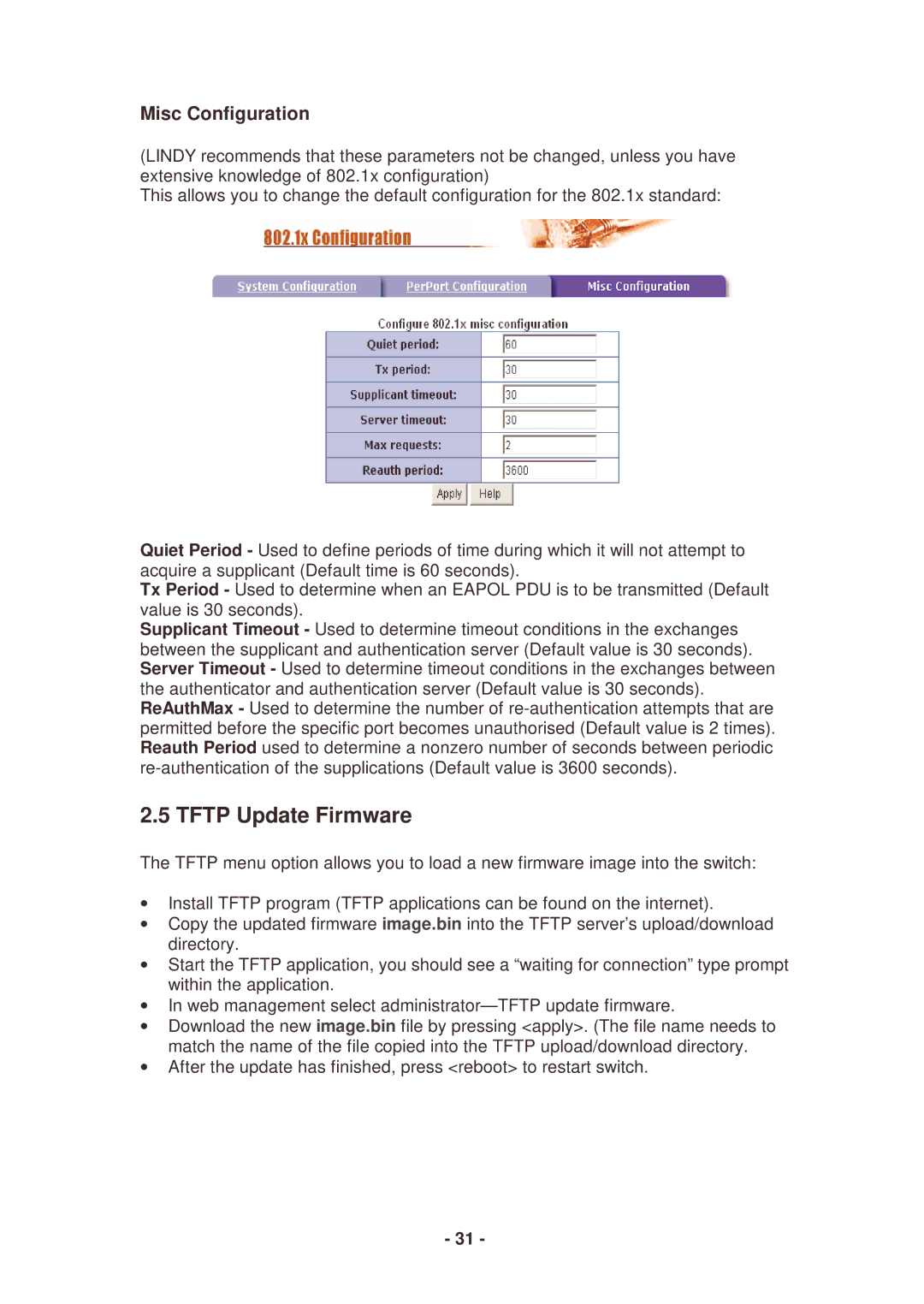 Lindy 25030 user manual Tftp Update Firmware, Misc Configuration 