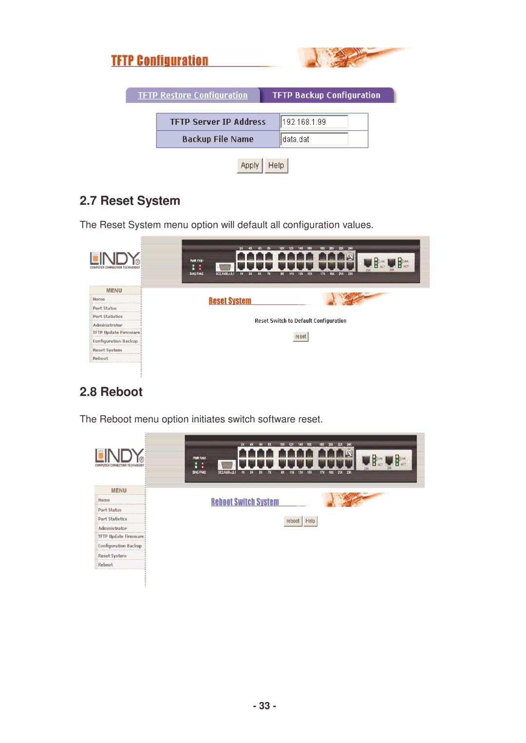 Lindy 25030 user manual Reset System, Reboot 